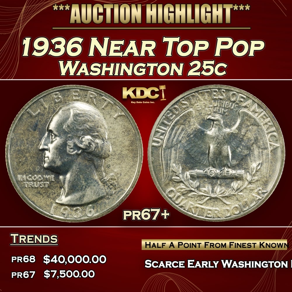1936 Proof Washington Quarter Near Top Pop 25c pr67+ SEGS (1 of 3)