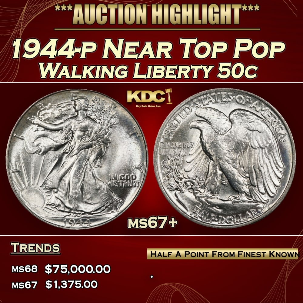 1944-p Walking Liberty Half Dollar Near Top Pop 50c ms67+ SEGS: 1944-p Near Top Pop Walking Liberty Half Dollar 50c ms67+ SEGS.