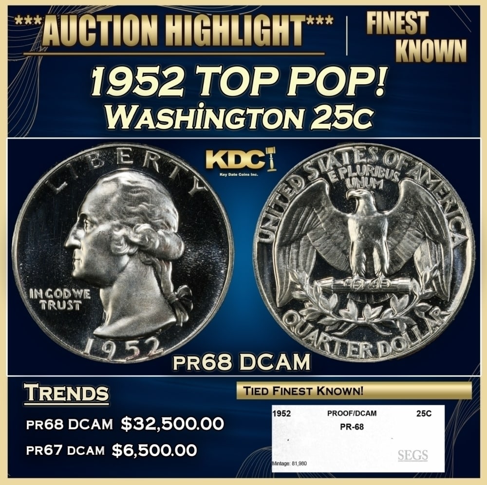 1952 Proof Washington Quarter TOP POP! 25c pr68 DCAM SEGS: 1952 TOP POP! Washington Quarter 25c pr68 DCAM SEGS. 0