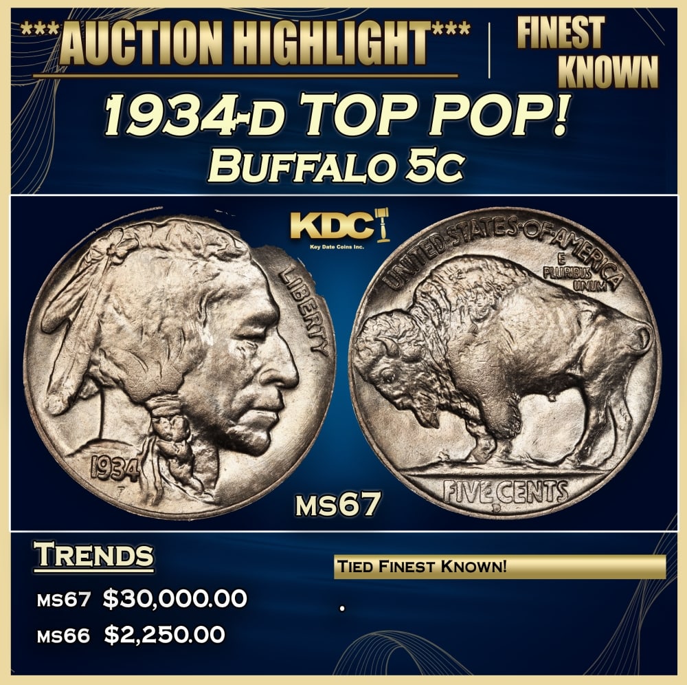 1934-d Buffalo Nickel TOP POP! 5c ms67 SEGS: 1934-d TOP POP! Buffalo Nickel 5c ms67 SEGS.