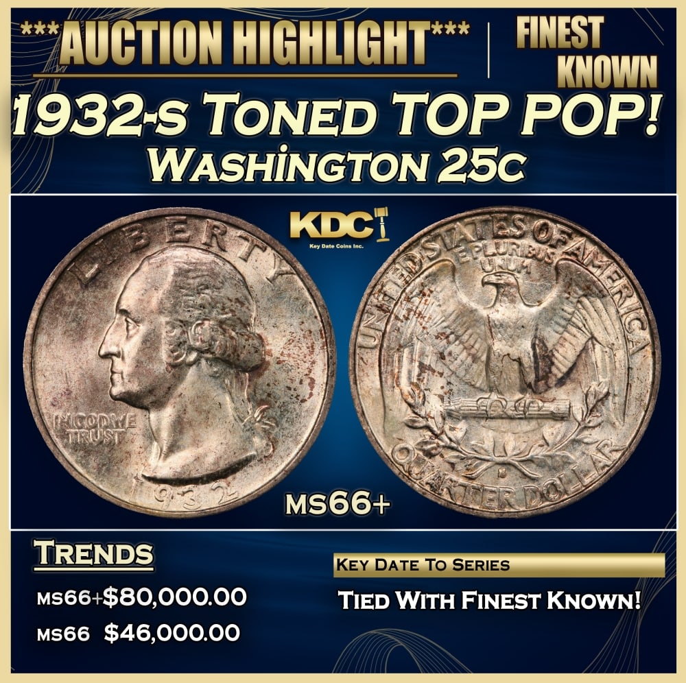 1932-s Washington Quarter Toned TOP POP! 25c ms66+ SEGS: 1932-s Toned TOP POP! Washington Quarter 25c ms66+ SEGS. One of the Keys to the series. According to David Hall, from PCGS The 1932-s is the 2nd rarest of the Washington quarters. There are only two
