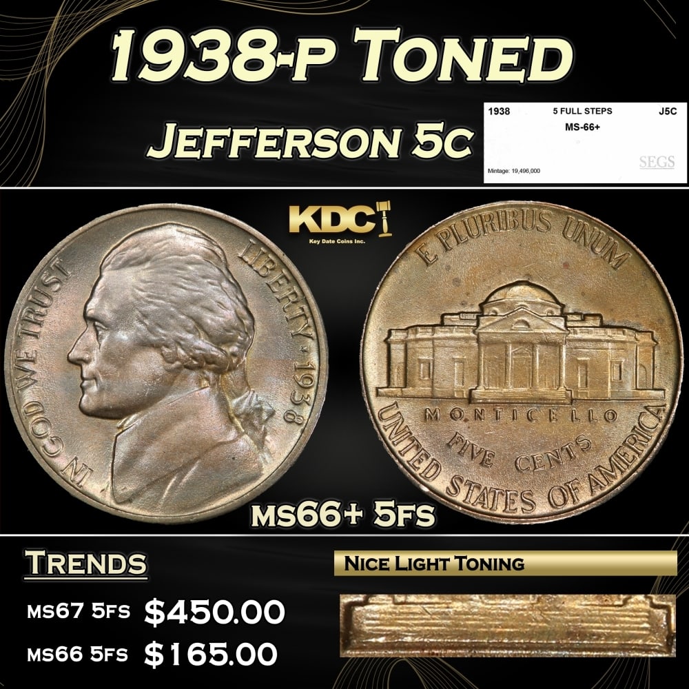1938-p Jefferson Nickel Toned 5c ms66+ 5fs SEGS (1 of 5)