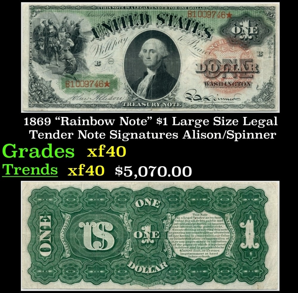 1869 $1 Large Size Legal Tender Note "Rainbow Note" Grades xf Signatures Alison/Spinner: 1869 $1 Large Size Legal Tender Note "Rainbow Note" Grades xf Signatures Alison/Spinner. FR-18 One of the most coveted and sought-after currency pieces in American history is this 1869 Legal Tender Se