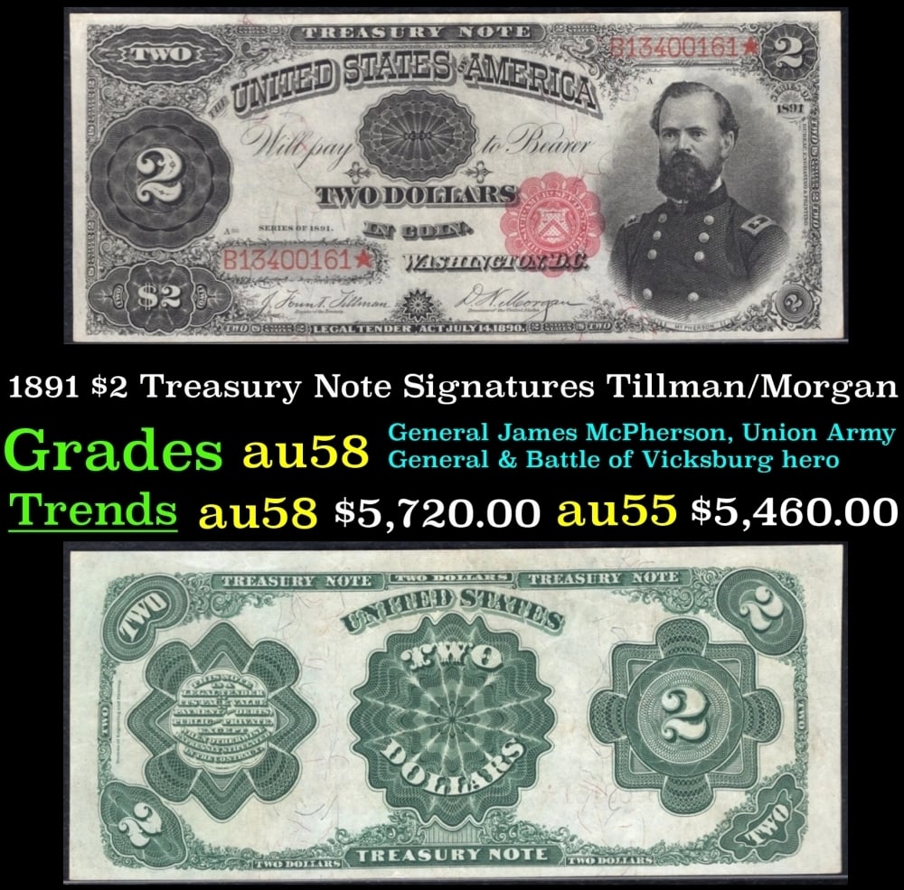 1891 $2 Treasury Note Grades Choice AU/BU Slider Signatures Tillman/Morgan: 1891 $2 Treasury Note Grades Choice AU/BU Slider Signatures Tillman/Morgan. Signatures of Tillman and Morgan. Treasury notes were only printed in 1890 and 1891. This note has a red seal and red serial