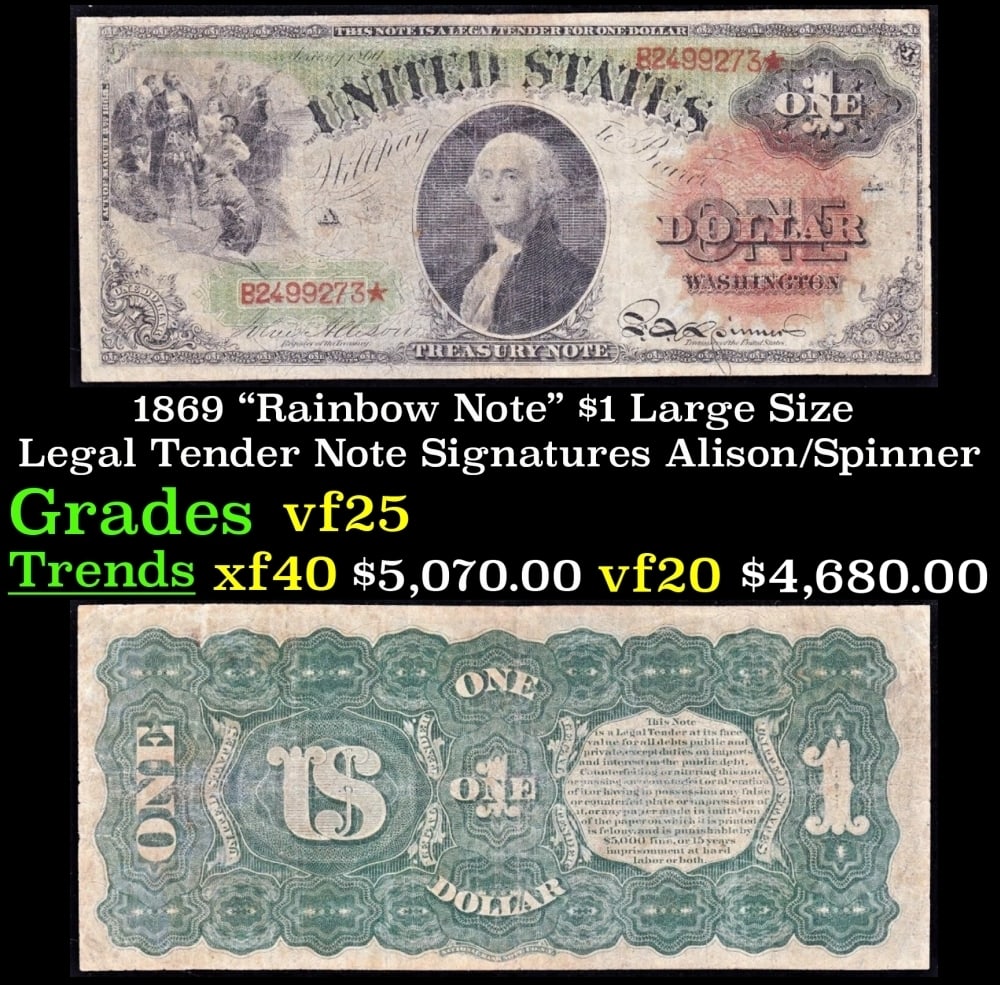 1869 $1 Large Size Legal Tender Note "Rainbow Note" Grades vf+ Signatures Alison/Spinner (1 of 3)