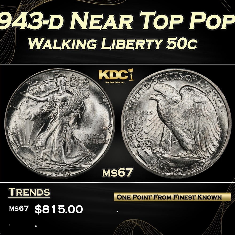 1943-d Walking Liberty Half Dollar Near Top Pop 50c ms67 SEGS (1 of 3)