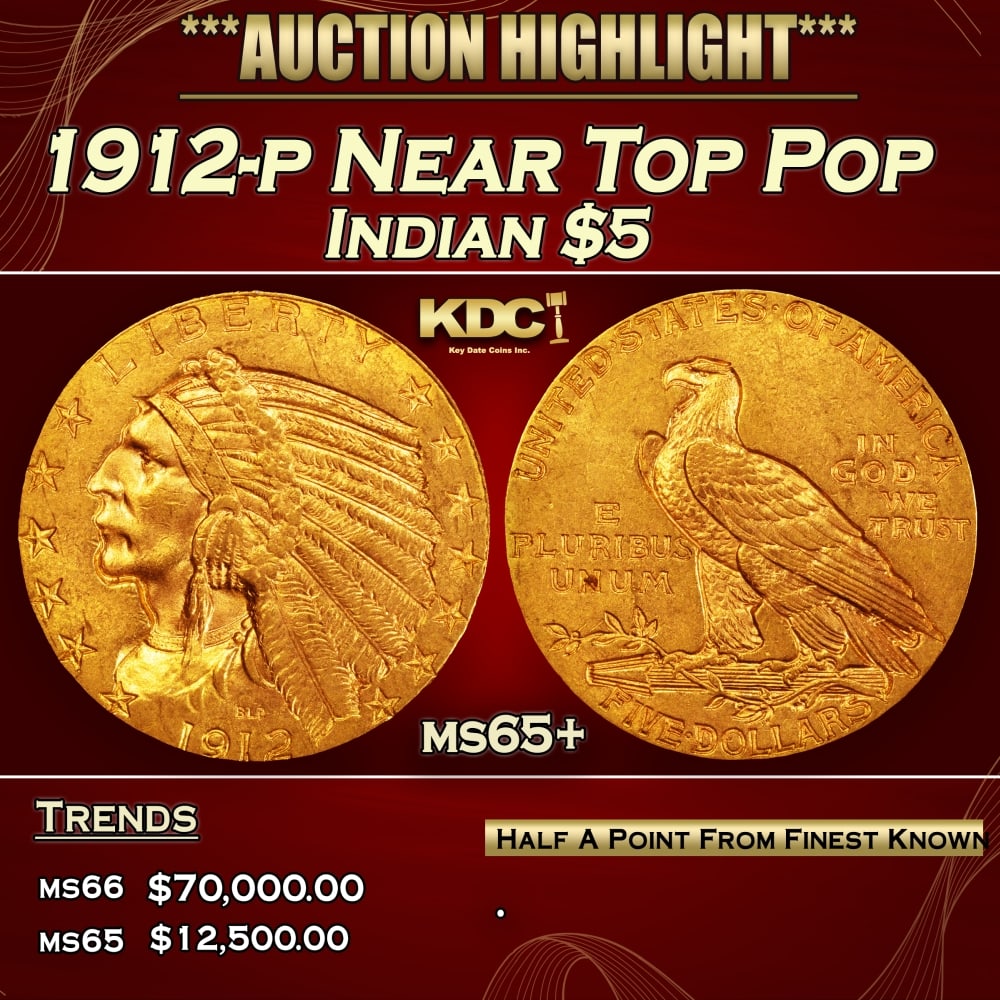 1912-p Gold Indian Half Eagle Near Top Pop $5 ms65+ USCG (1 of 3)