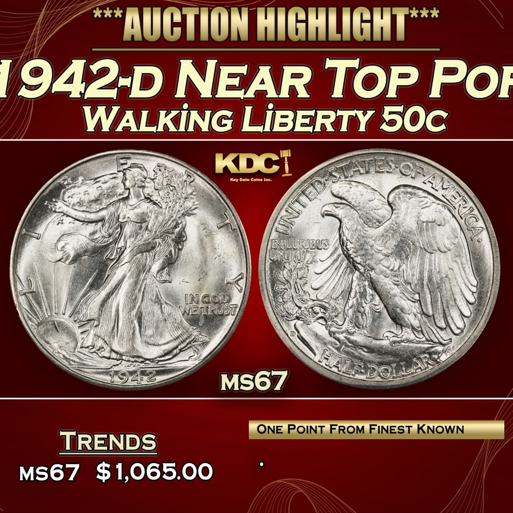 1942-d Walking Liberty Half Dollar Near Top Pop 50c ms67 SEGS (1 of 3)