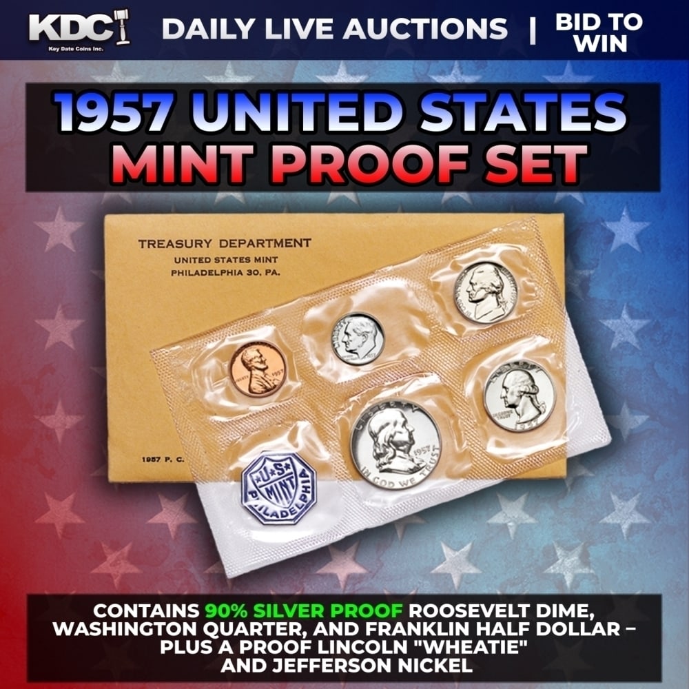 1957 United States Mint Silver Proof Set In Original Goventment Packaging, 5 Coins - Manilla: 1957 United States Mint Silver Proof Set In Original Goventment Packaging, 5 Coins - Manilla Envelope. Those who appreciate low-mintage coins of the finest quality will enjoy owning this official 1956