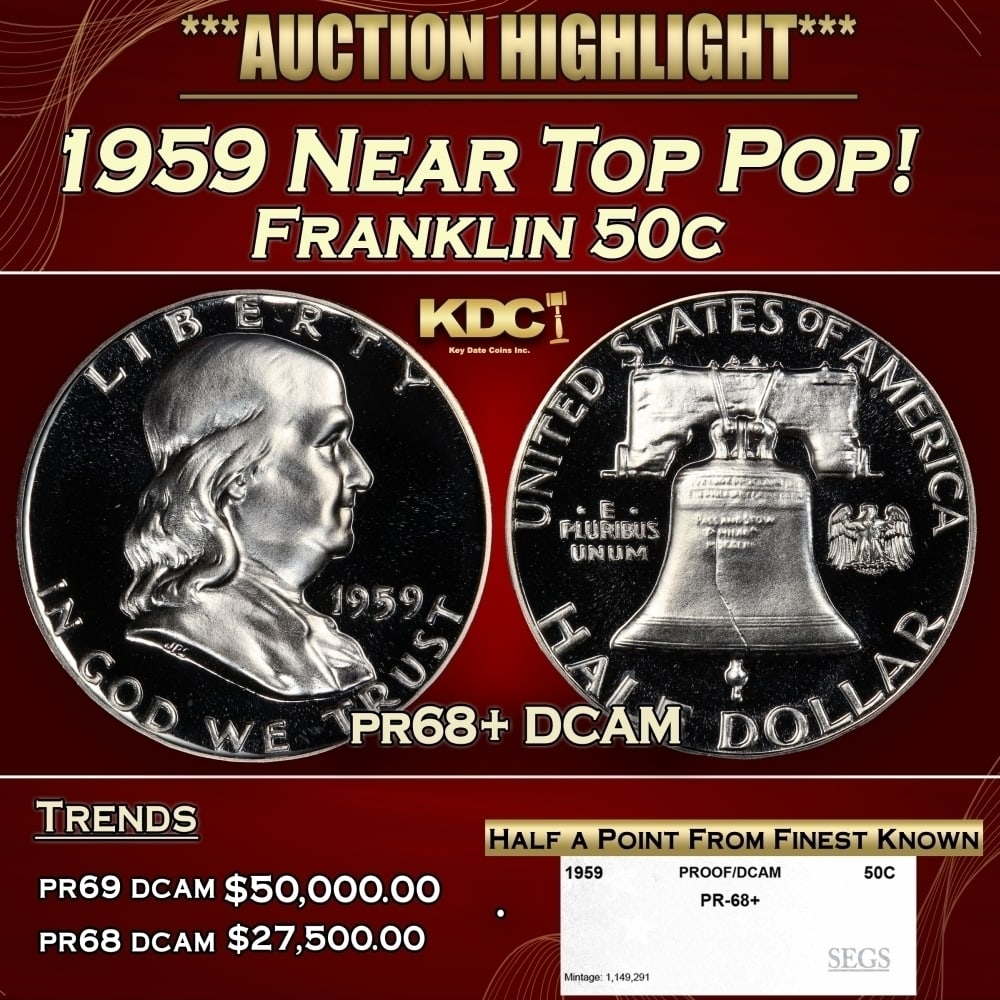 1959 Proof Franklin Half Dollar Near Top Pop! 50c pr68+ DCAM SEGS: 1959 Near Top Pop! Franklin Half Dollar 50c pr68+ DCAM SEGS. Historic precious metal trends is causing increased spot pricing by the day. On auctions with set openings, we are doing our best to have i
