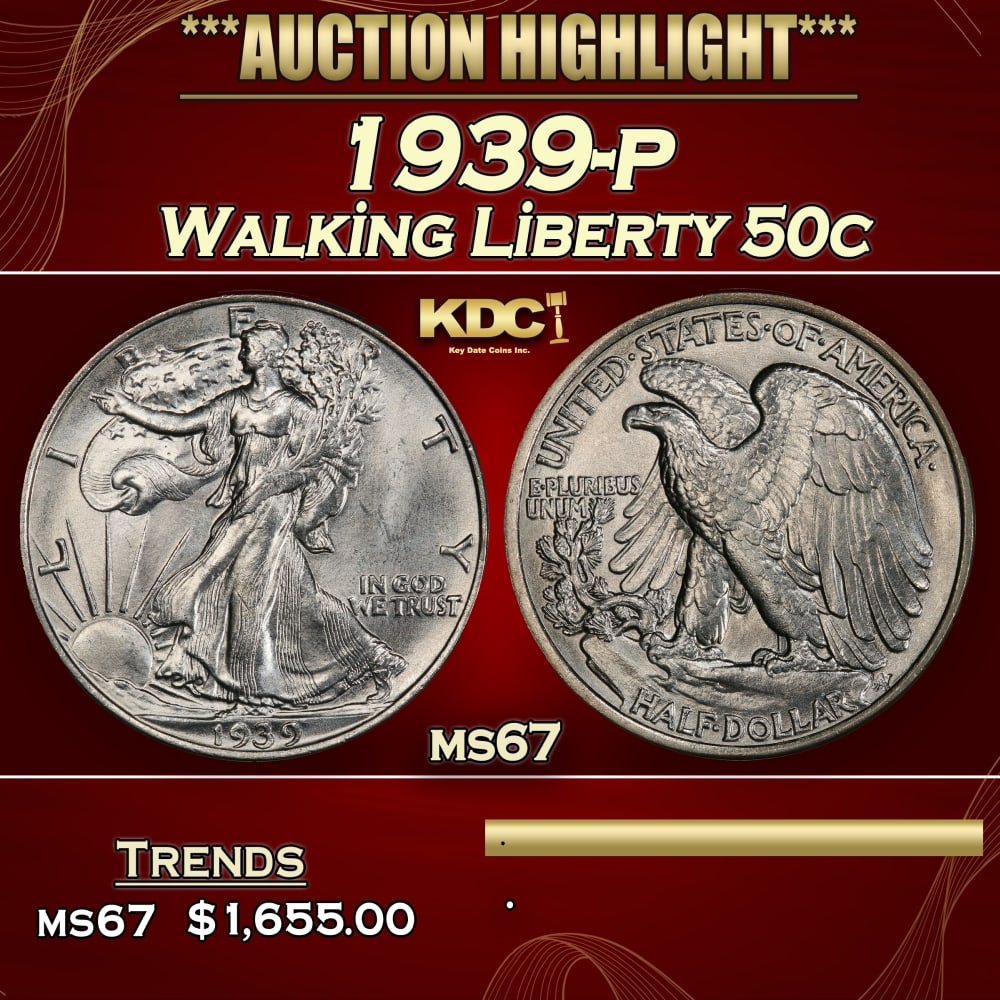 1939-p Walking Liberty Half Dollar 50c ms67 SEGS (1 of 3)
