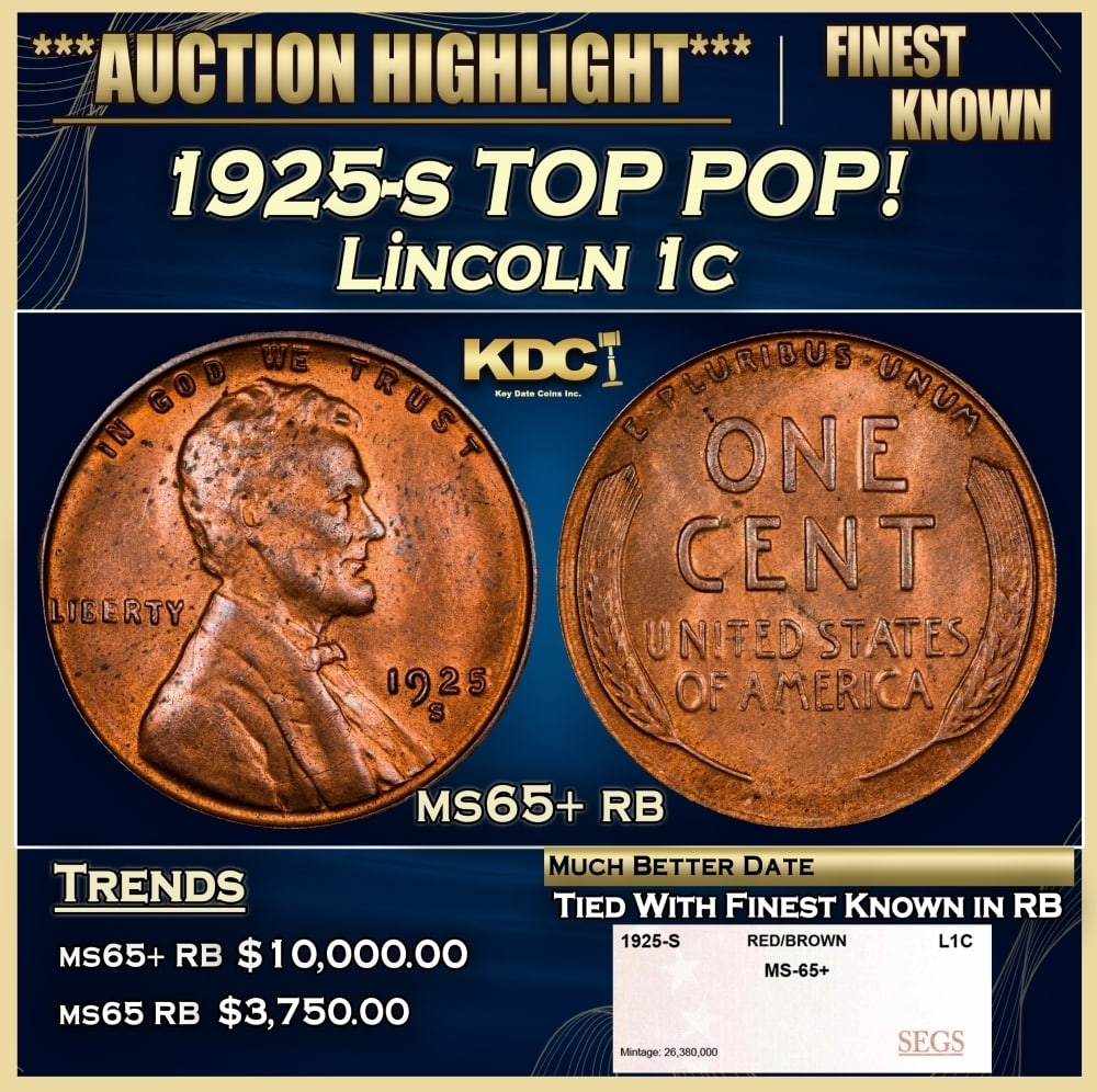 1925-s Lincoln Cent TOP POP! 1c ms65+ rb SEGS: 1925-s TOP POP! Lincoln Cent 1c ms65+ rb SEGS. 0