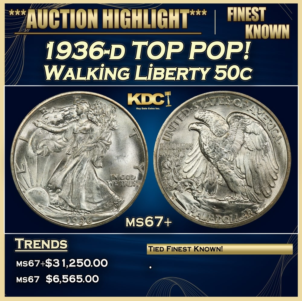 1936-d Walking Liberty Half Dollar TOP POP! 50c ms67+ SEGS: 1936-d TOP POP! Walking Liberty Half Dollar 50c ms67+ SEGS. 0