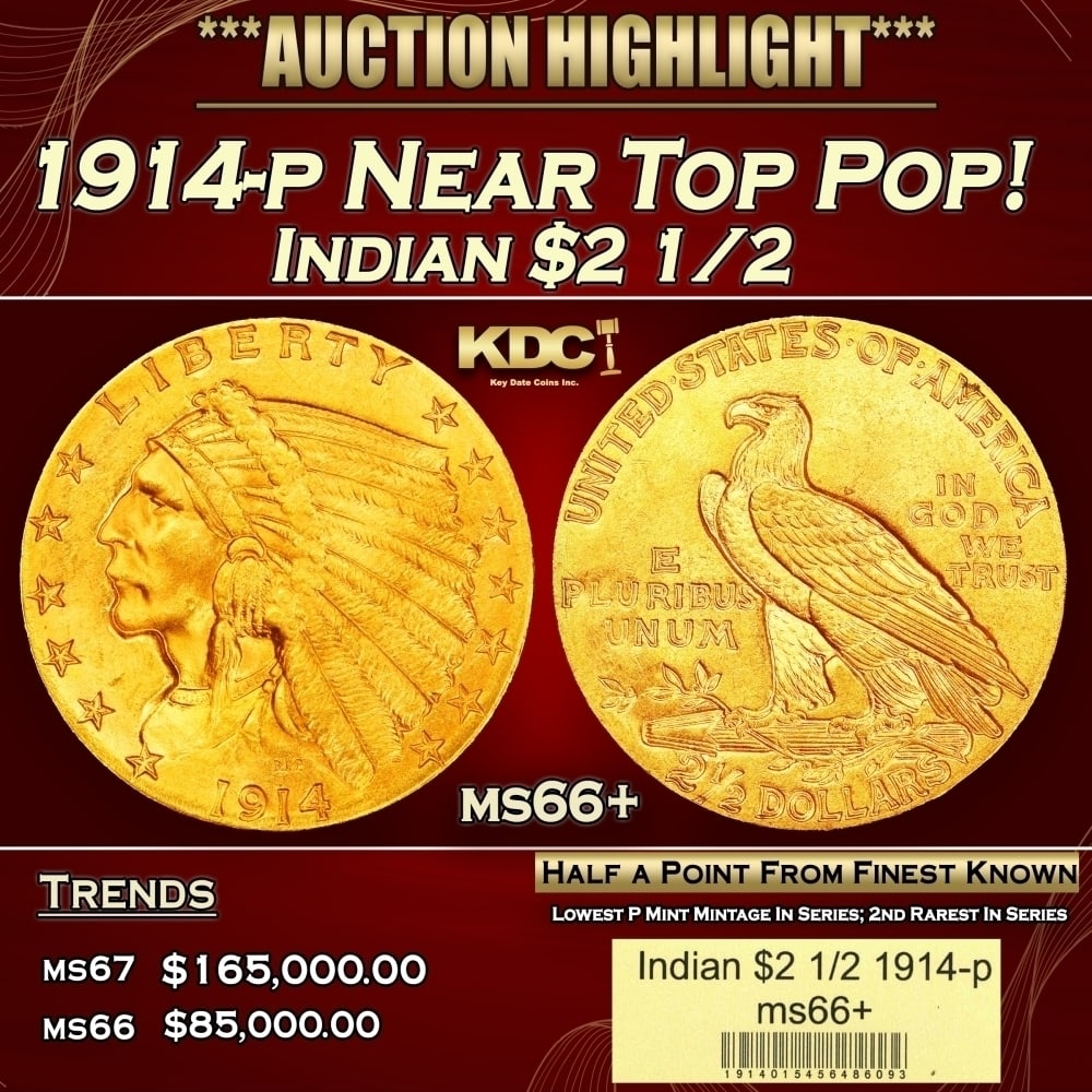 1914-p Gold Indian Quarter Eagle Near Top Pop! $2 1/2 ms66+ USCG (1 of 4)