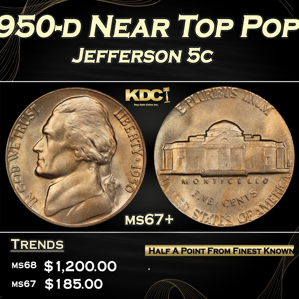 1950-d Jefferson Nickel Near Top Pop 5c ms67+ SEGS: 1950-d Near Top Pop Jefferson Nickel 5c ms67+ SEGS. 0