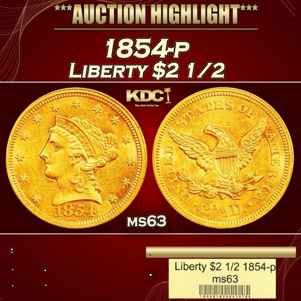 1854-p Gold Liberty Quarter Eagle $2 1/2 ms63 USCG (1 of 4)