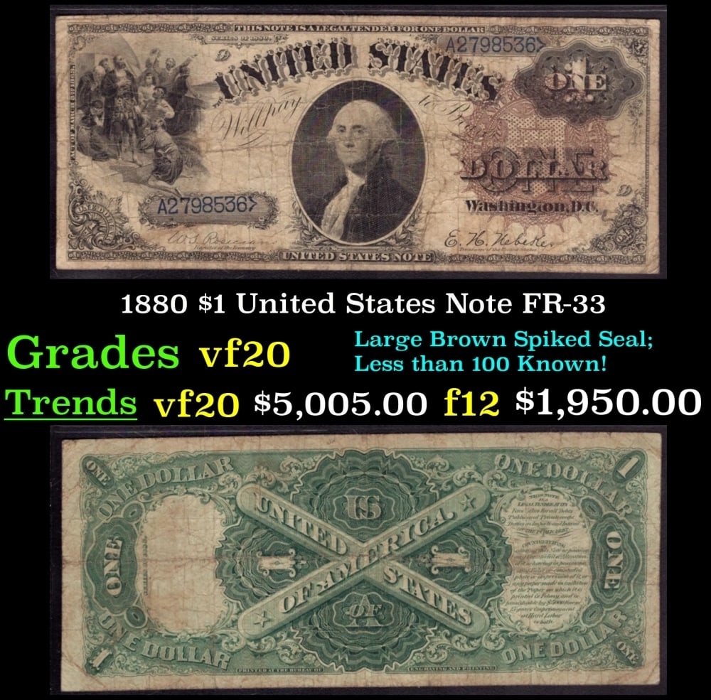 1880 $1 United States Note Grades vf, very fine FR-33: 1880 $1 United States Note Grades vf, very fine FR-33. Signatures of Rosecrans and Nebeker. This Note may look like the much more common legal tender note of 1917 but it is much more rare and sought a