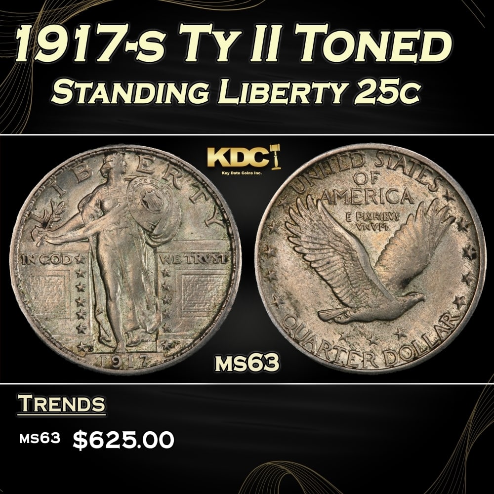 1917-s Ty II Standing Liberty Quarter Toned 25c Grades ms63 (1 of 3)
