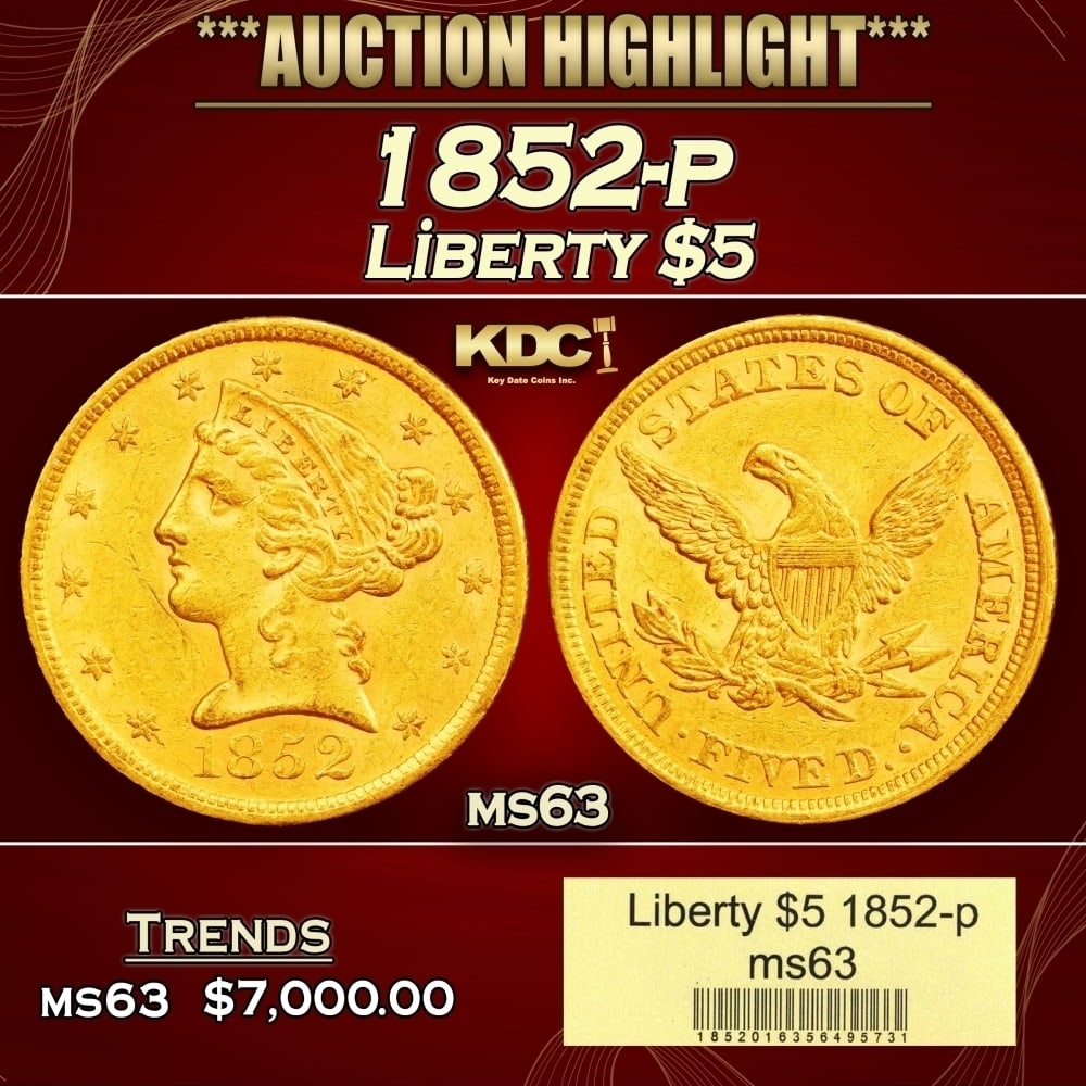 1852-p Gold Liberty Half Eagle $5 ms63 USCG (1 of 4)