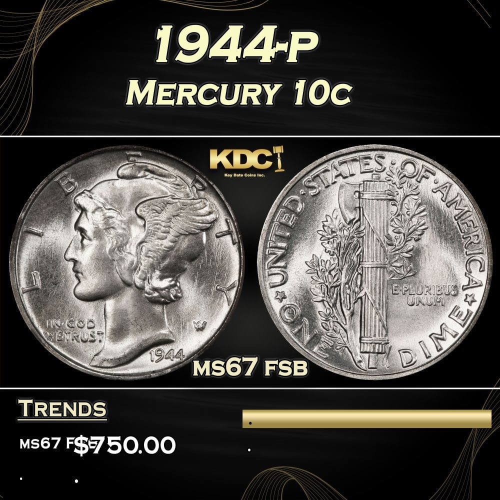 1944-p Mercury Dime 10c ms67 fsb SEGS (1 of 3)