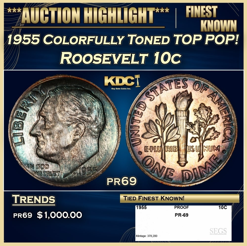 1955 Proof Roosevelt Dime Colorfully Toned TOP POP! 10c pr69 SEGS (1 of 4)