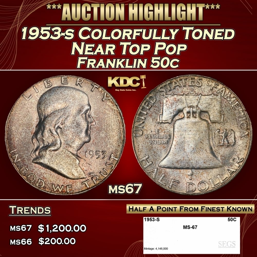 1953-s Franklin Half Dollar Colorfully Toned Near Top Pop 50c ms67 SEGS (1 of 4)