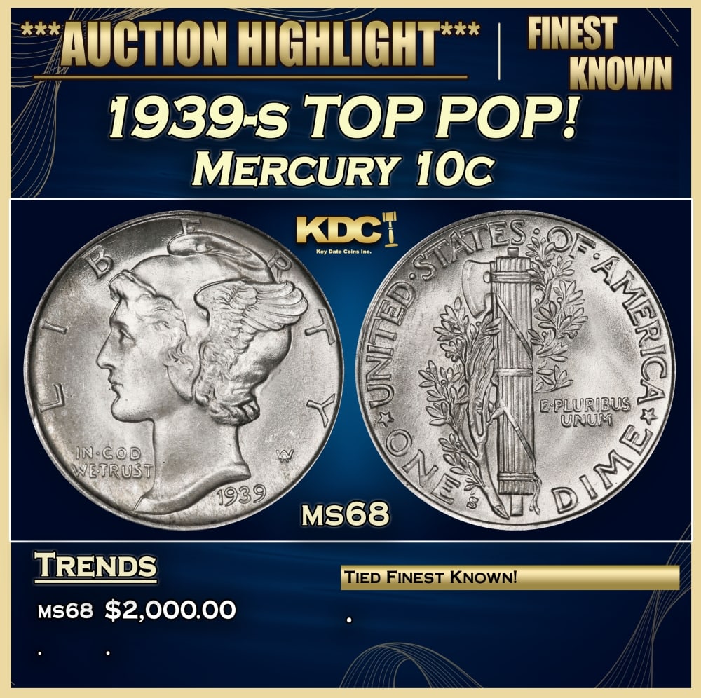 1939-s Mercury Dime TOP POP! 10c ms68 SEGS: 1939-s TOP POP! Mercury Dime 10c ms68 SEGS.