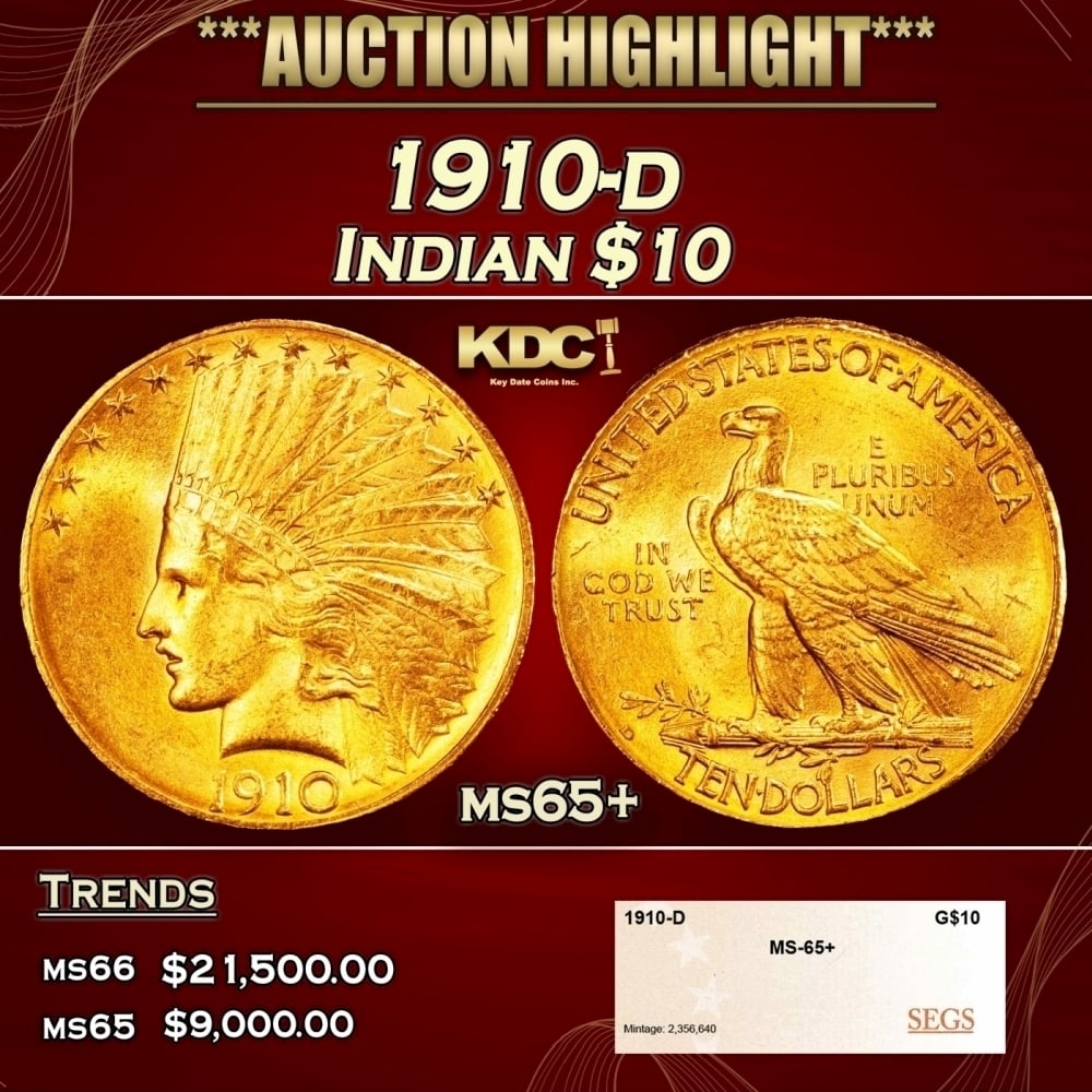 1910-d Gold Indian Eagle $10 ms65+ SEGS (1 of 4)