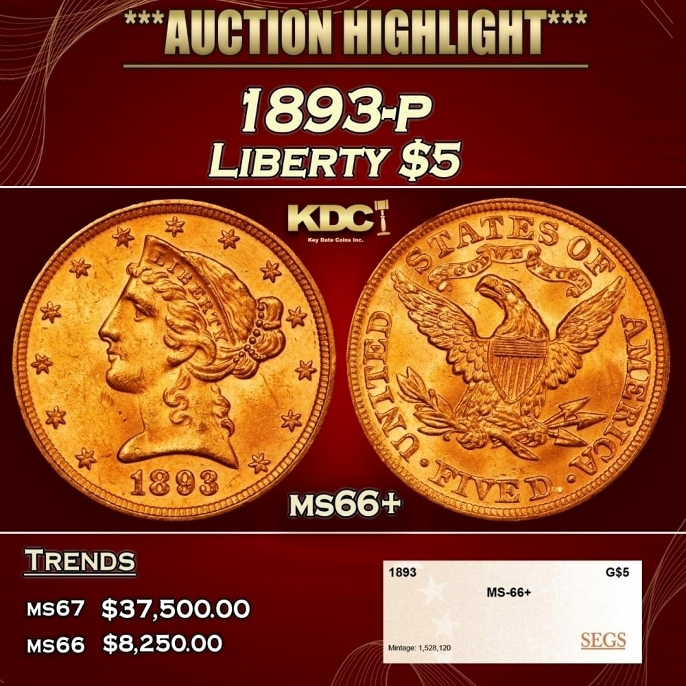 1893-p Gold Liberty Half Eagle $5 ms66+ SEGS (1 of 4)