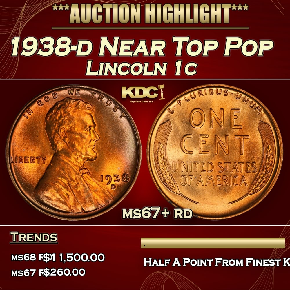 1938-d Lincoln Cent Near Top Pop 1c ms67+ rd SEGS: 1938-d Near Top Pop Lincoln Cent 1c ms67+ rd SEGS. 0