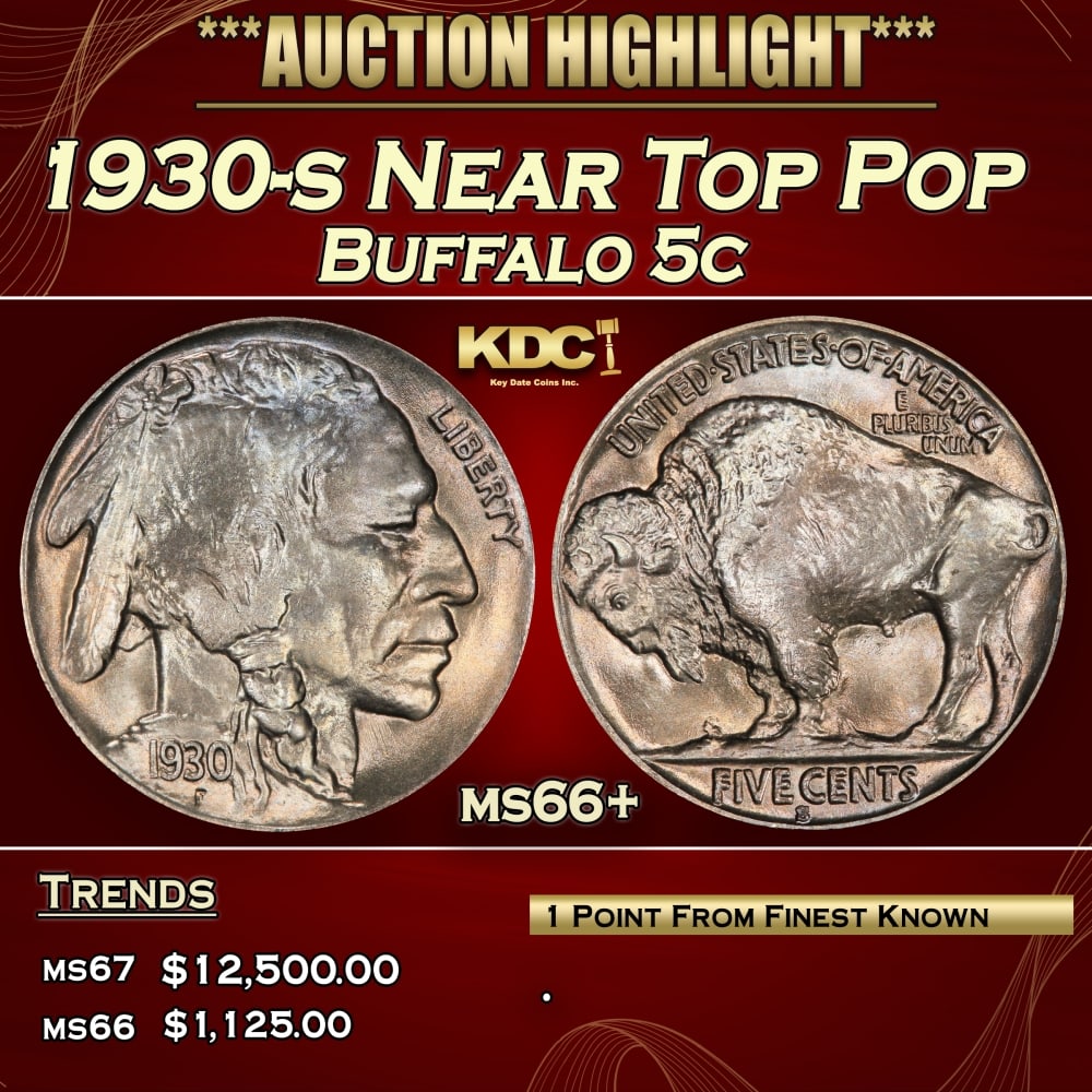 1930-s Buffalo Nickel Near Top Pop 5c ms66+ SEGS: 1930-s Near Top Pop Buffalo Nickel 5c ms66+ SEGS.