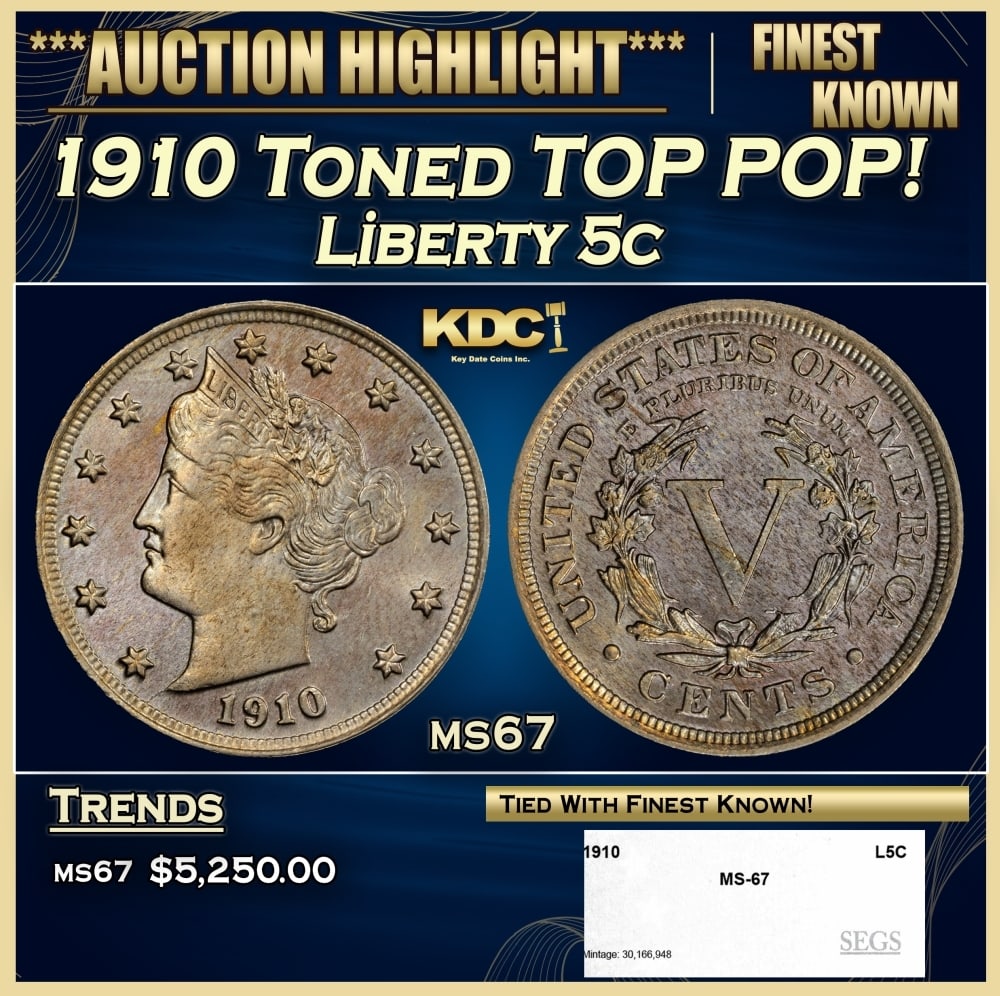 1910 Liberty Nickel Toned TOP POP! 5c ms67 SEGS: 1910 Toned TOP POP! Liberty Nickel 5c ms67 SEGS. 0