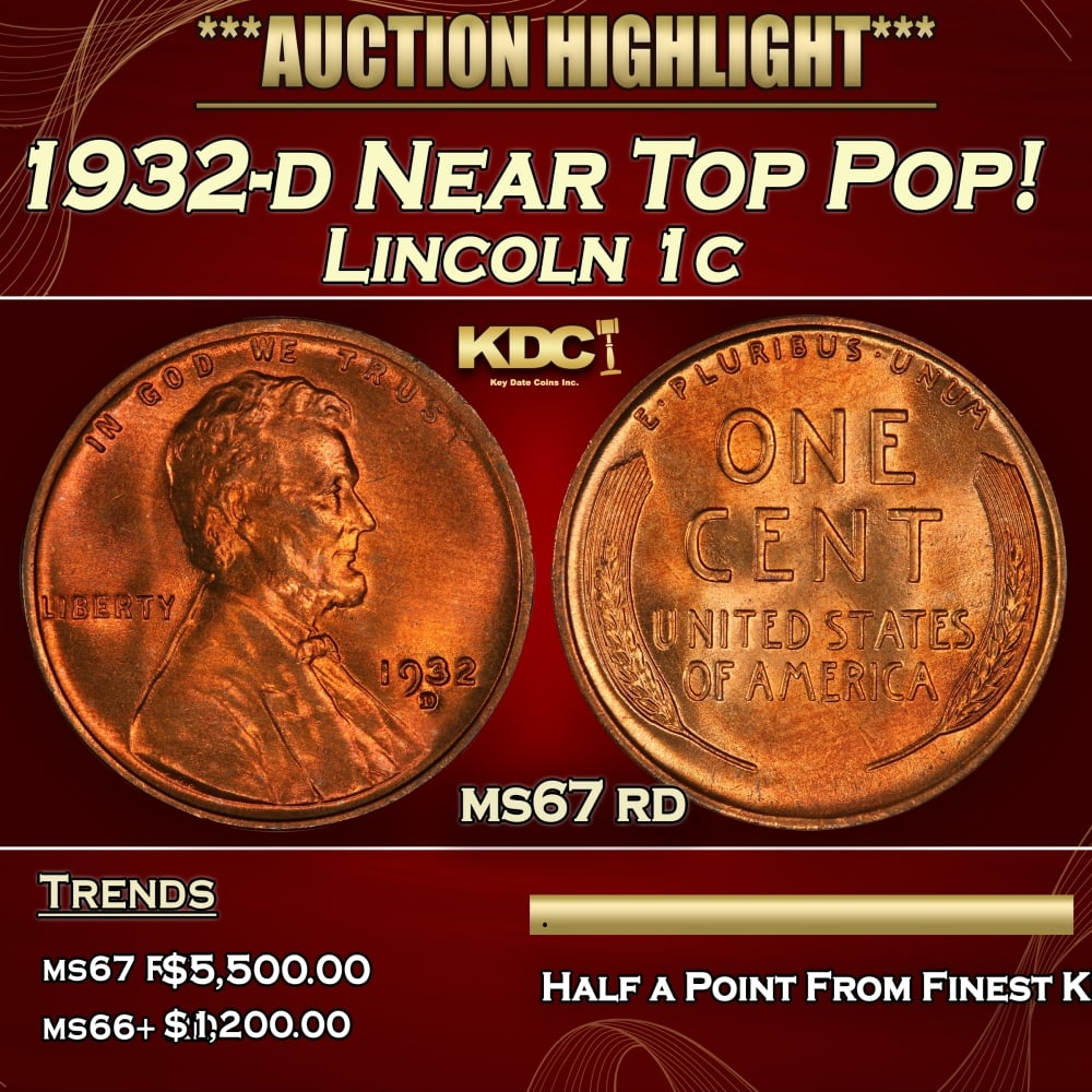 1932-d Lincoln Cent Near Top Pop! 1c ms67 rd SEGS: 1932-d Near Top Pop! Lincoln Cent 1c ms67 rd SEGS. 0