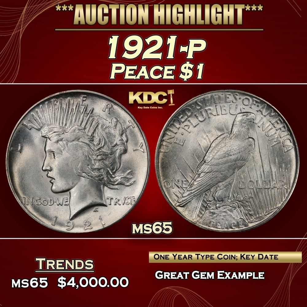 1921-p Peace Dollar $1 ms65 SEGS: 1921-p Peace Dollar $1 ms65 SEGS. 0