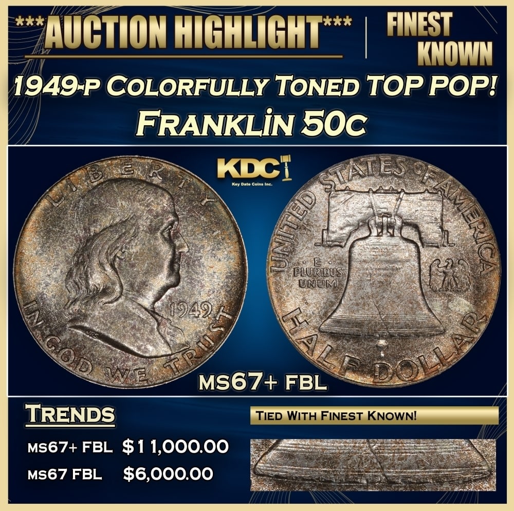 1949-p Franklin Half Dollar Colorfully Toned TOP POP! 50c Grades ms67+ fbl (1 of 4)
