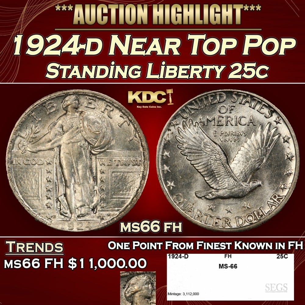 1924-d Standing Liberty Quarter Near Top Pop 25c ms66 fh SEGS: 1924-d Near Top Pop Standing Liberty Quarter 25c ms66 fh SEGS. 0