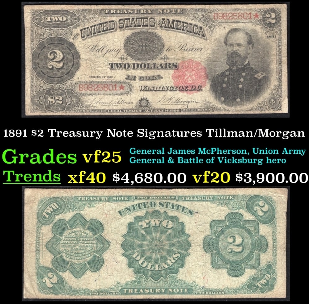 1891 $2 Treasury Note Grades vf+ Signatures Tillman/Morgan: 1891 $2 Treasury Note Grades vf+ Signatures Tillman/Morgan. Signatures of Tillman and Morgan. Treasury notes were only printed in 1890 and 1891. This note has a red seal and red serial numbers. It is 
