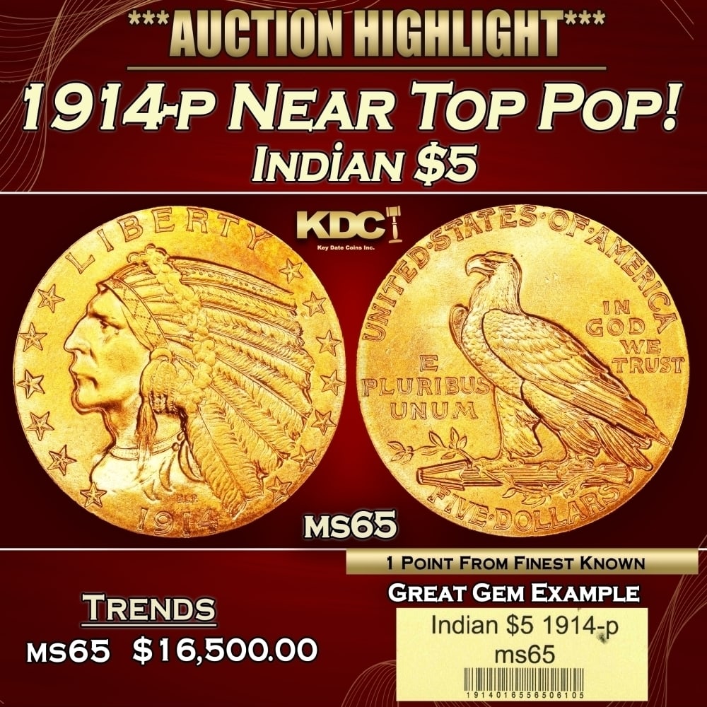 1914-p Gold Indian Half Eagle Near Top Pop! $5 ms65 USCG (1 of 4)