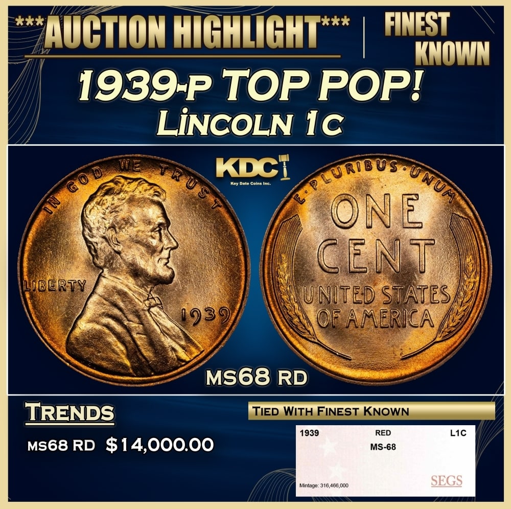 1939-p Lincoln Cent TOP POP! 1c ms68 rd SEGS: 1939-p TOP POP! Lincoln Cent 1c ms68 rd SEGS. 0