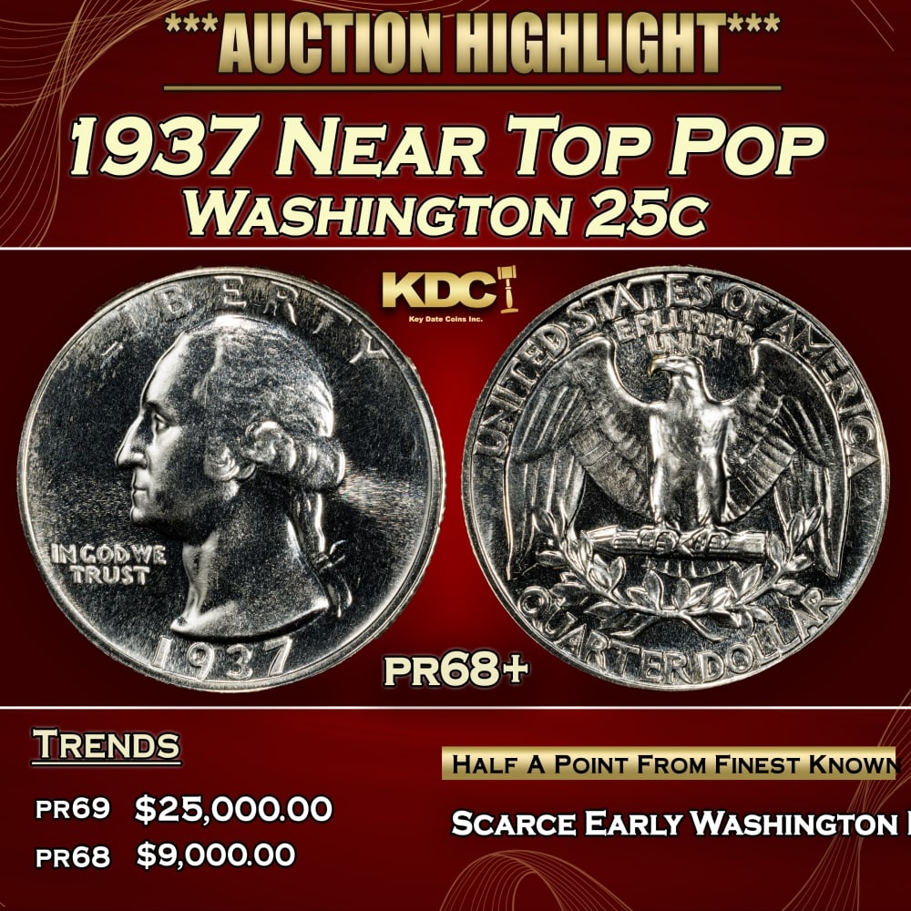 1937 Proof Washington Quarter Near Top Pop 25c pr68+ SEGS (1 of 3)
