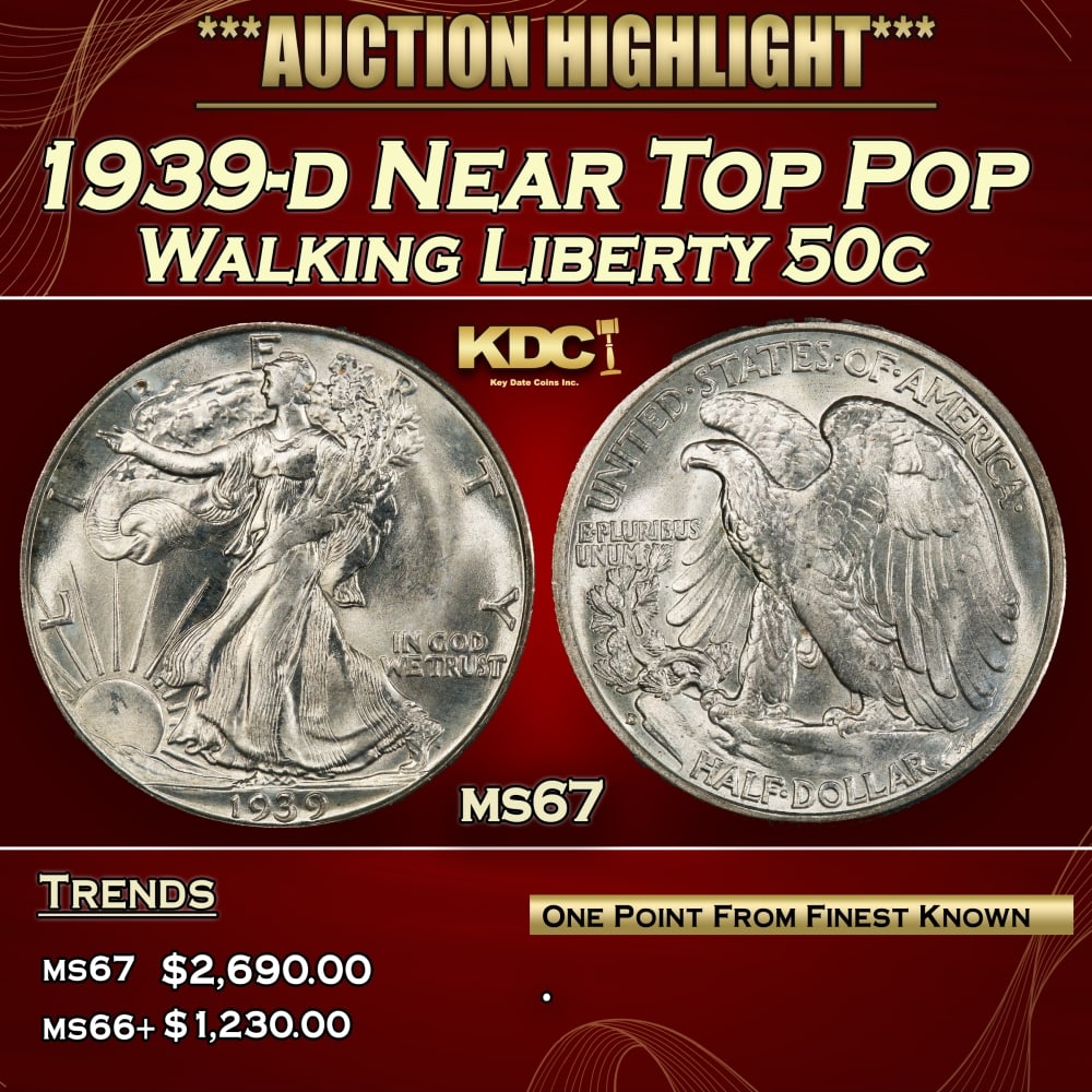 1939-d Walking Liberty Half Dollar Near Top Pop 50c ms67 SEGS: 1939-d Near Top Pop Walking Liberty Half Dollar 50c ms67 SEGS. 0