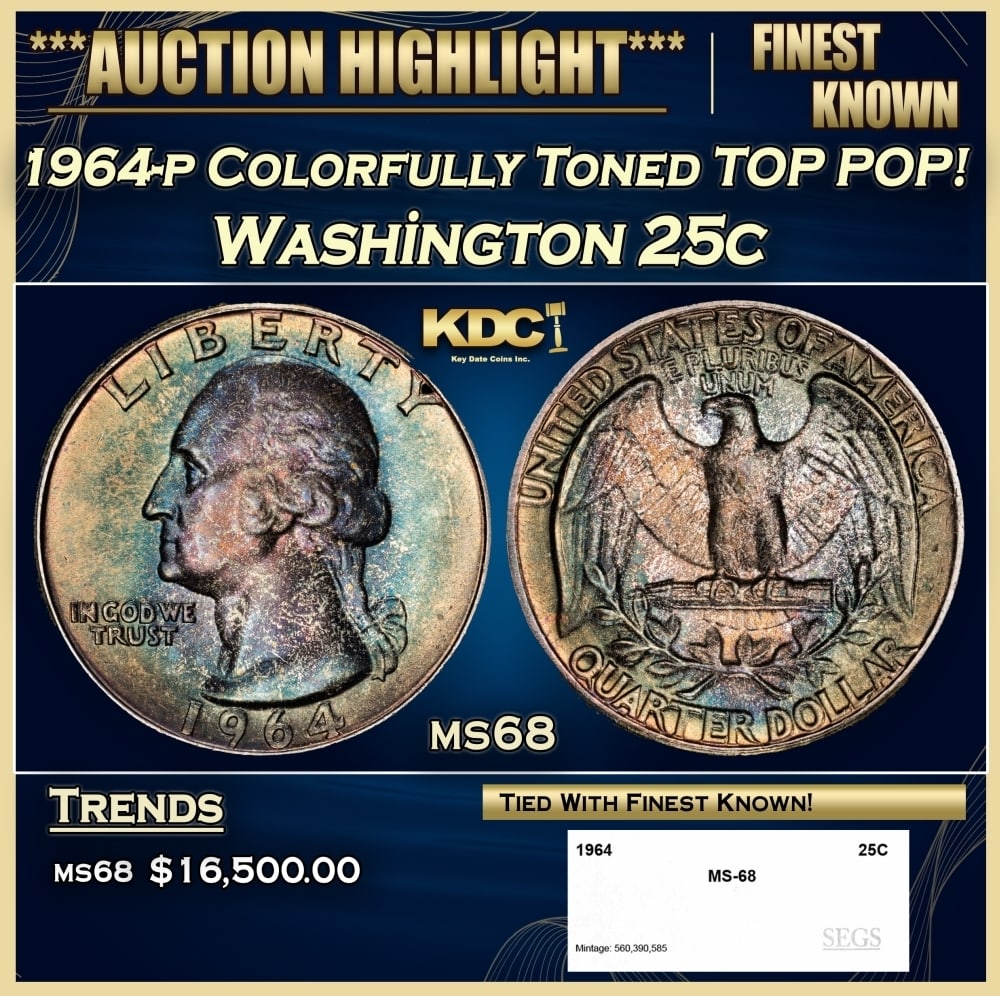 1964-p Washington Quarter Colorfully Toned TOP POP! 25c ms68 SEGS (1 of 4)