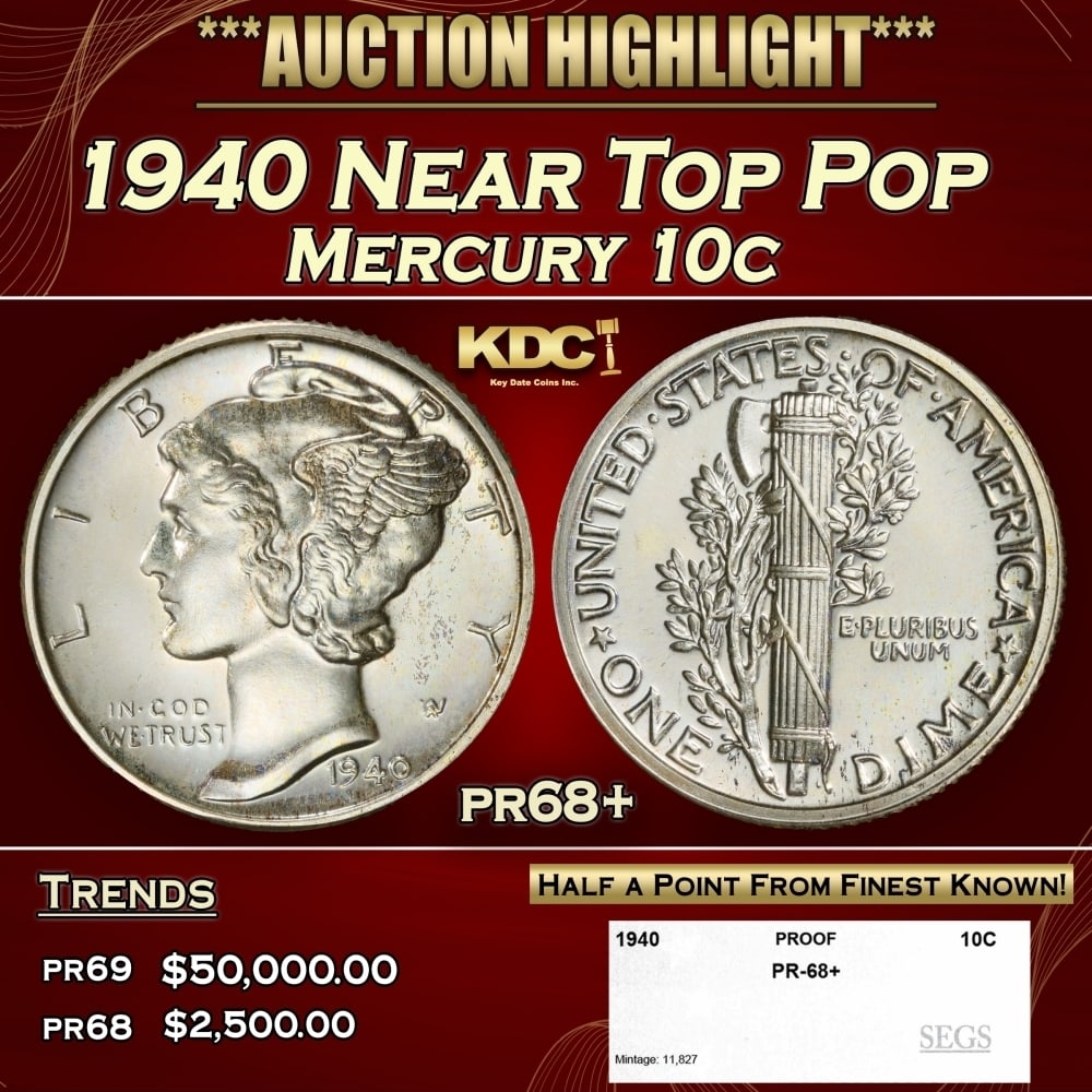 1940 Proof Mercury Dime Near Top Pop 10c pr68+ SEGS (1 of 4)