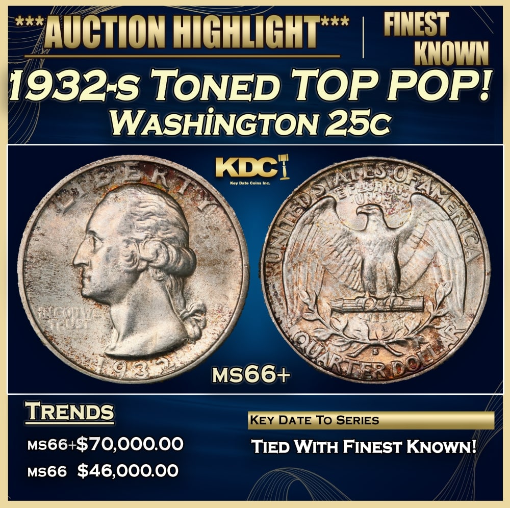 1932-s Washington Quarter Toned TOP POP! 25c ms66+ SEGS: 1932-s Toned TOP POP! Washington Quarter 25c ms66+ SEGS. One of the Keys to the series. According to David Hall, from PCGS The 1932-s is the 2nd rarest of the Washington quarters. There are only two