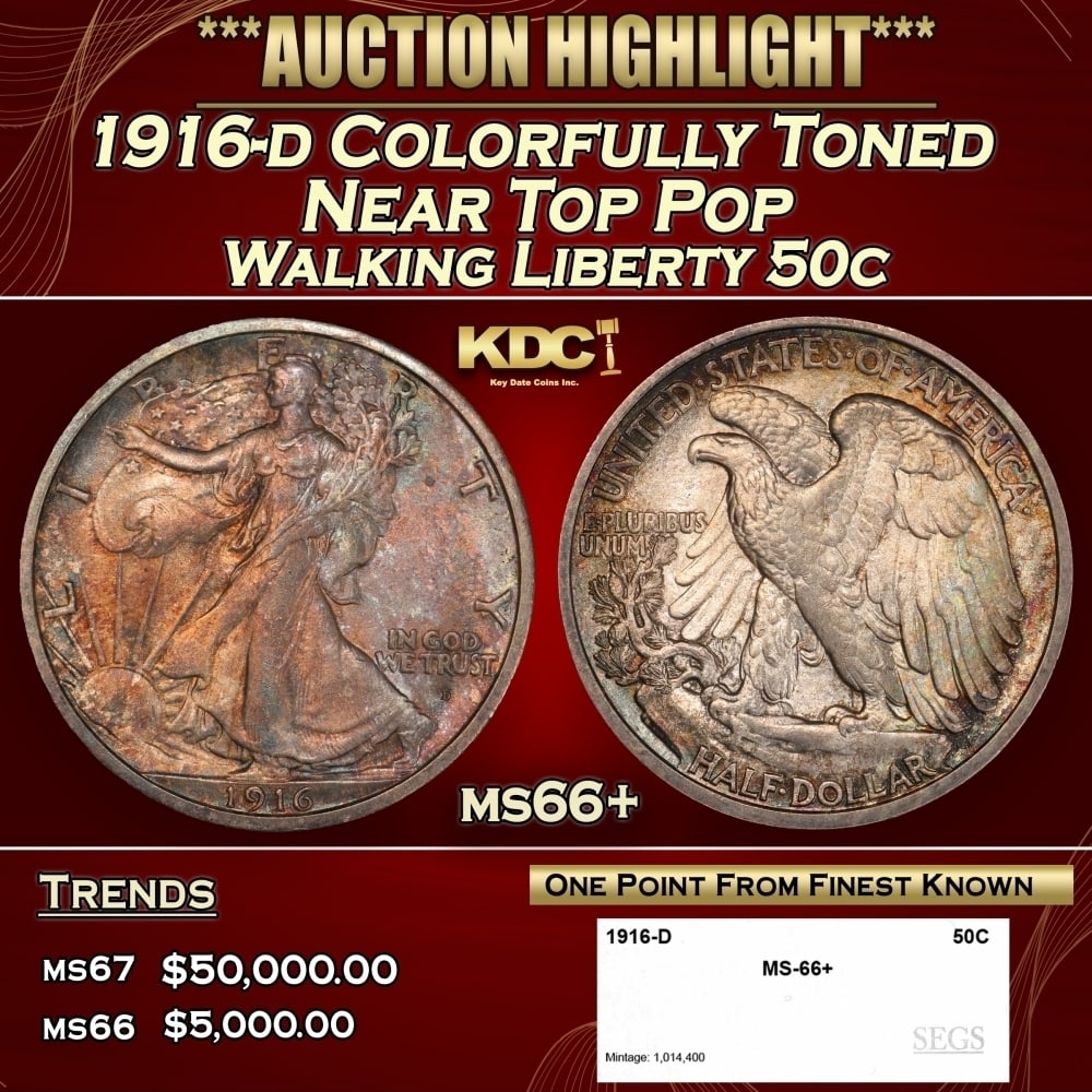 1916-d Walking Liberty Half Dollar Colorfully Toned Near Top Pop 50c ms66+ SEGS: 1916-d Colorfully Toned Near Top Pop Walking Liberty Half Dollar 50c ms66+ SEGS. 0