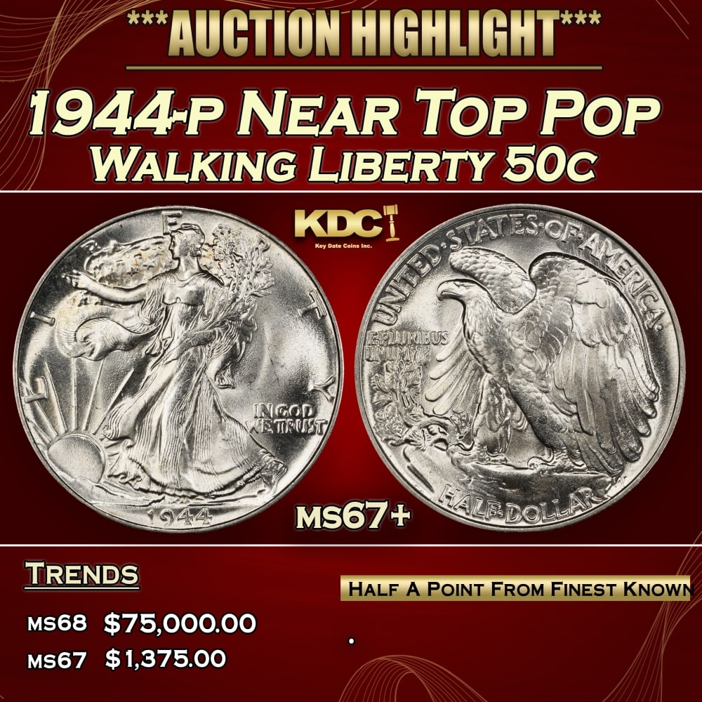 1944-p Walking Liberty Half Dollar Near Top Pop 50c ms67+ SEGS (1 of 3)