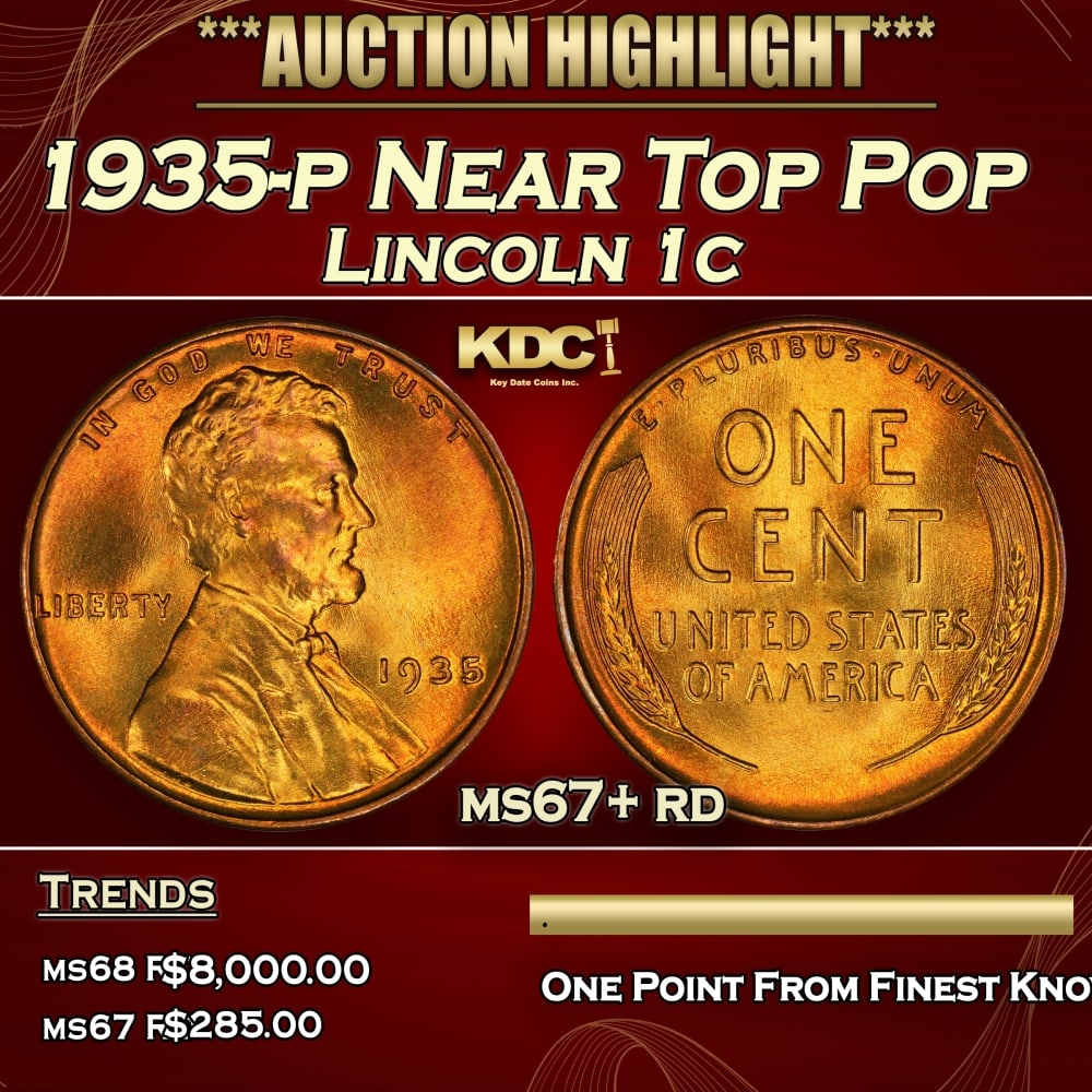 1935-p Lincoln Cent Near Top Pop 1c ms67+ rd SEGS (1 of 3)