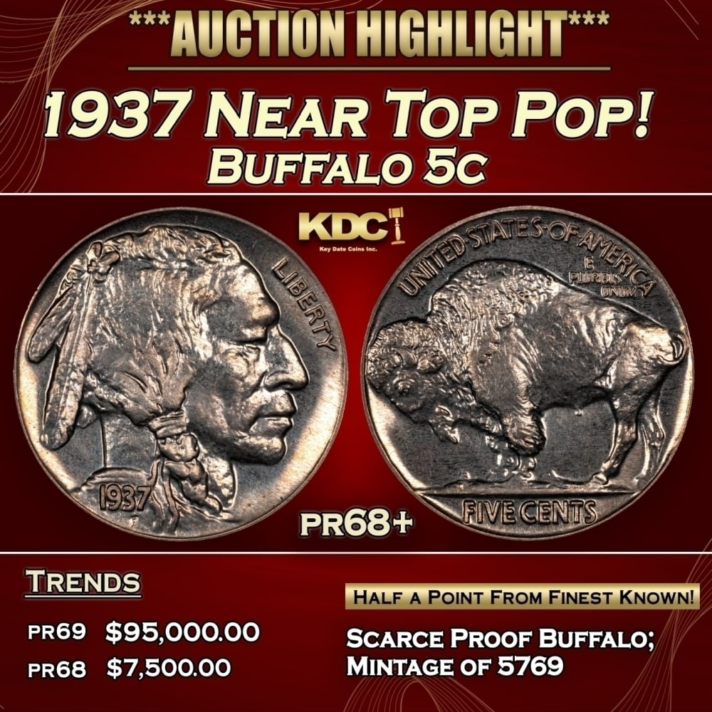 1937 Proof Buffalo Nickel Near Top Pop! 5c pr68+ SEGS: 1937 Near Top Pop! Buffalo Nickel 5c pr68+ SEGS. 0