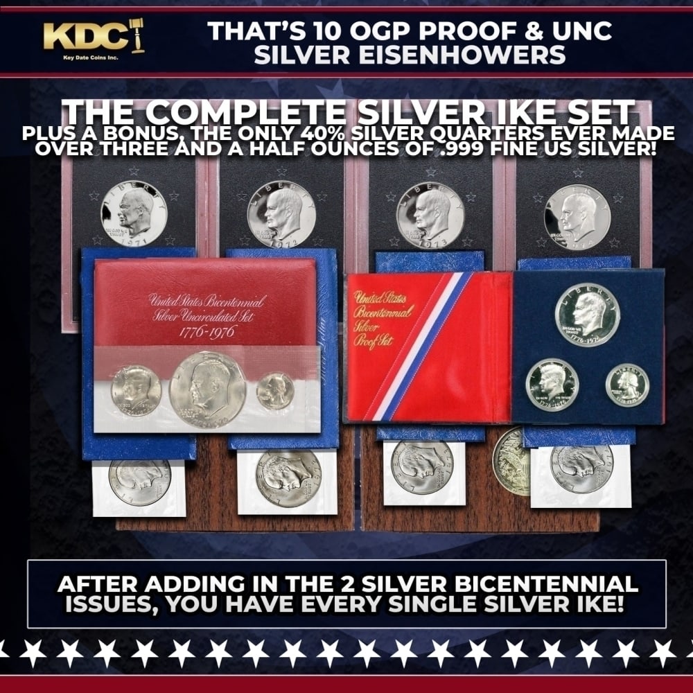 1971-1976 THE COMPLETE SILVER IKE SET Over 3.5 oz Of Pure Silver 14 Coins, 10 Sets: 1971-1976 THE COMPLETE SILVER IKE SET Over 3.5 oz Of Pure Silver 14 Coins, 10 Sets. THE COMPLETE SILVER IKE SET That?s 10 OGP Proof & Unc Silver Eisenhowers Plus a Bonus, the only 40% Silver Quarters 