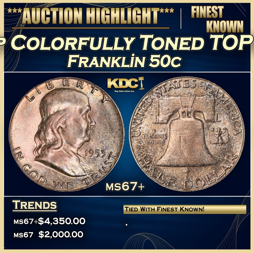 1953-p Franklin Half Dollar Colorfully Toned TOP POP! 50c ms67+ SEGS (1 of 3)